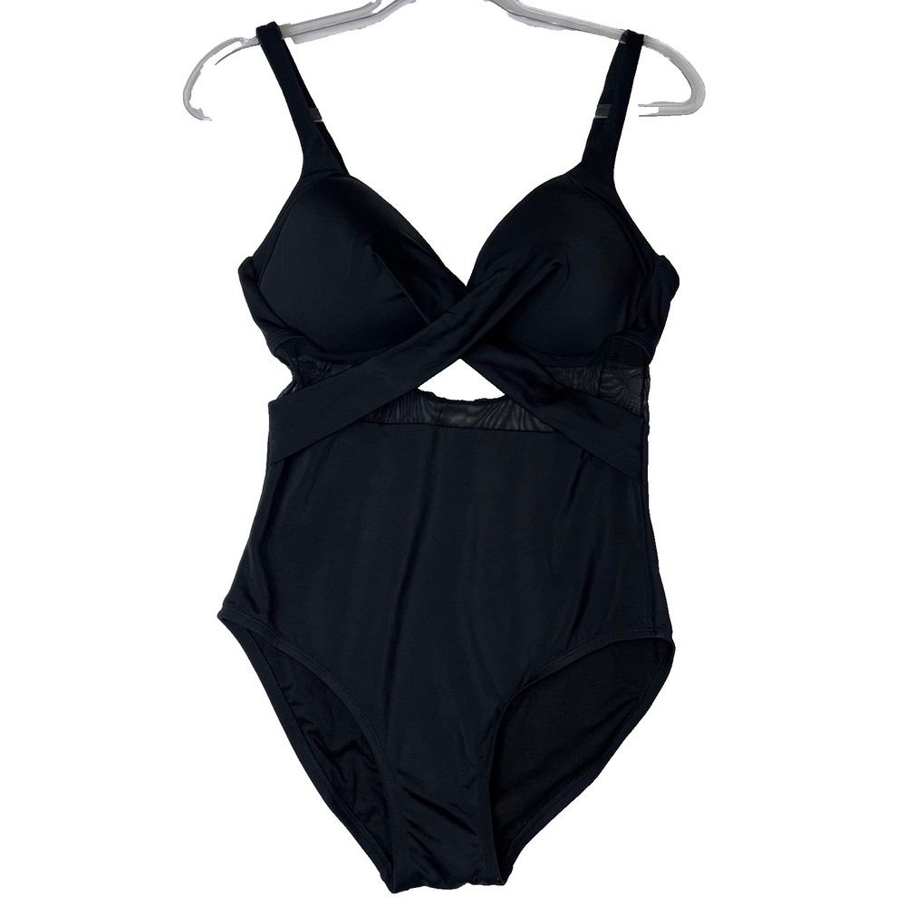 Shore Shapes Black Mesh Wrap One Piece Swimsuit Tummy Control Size 10
